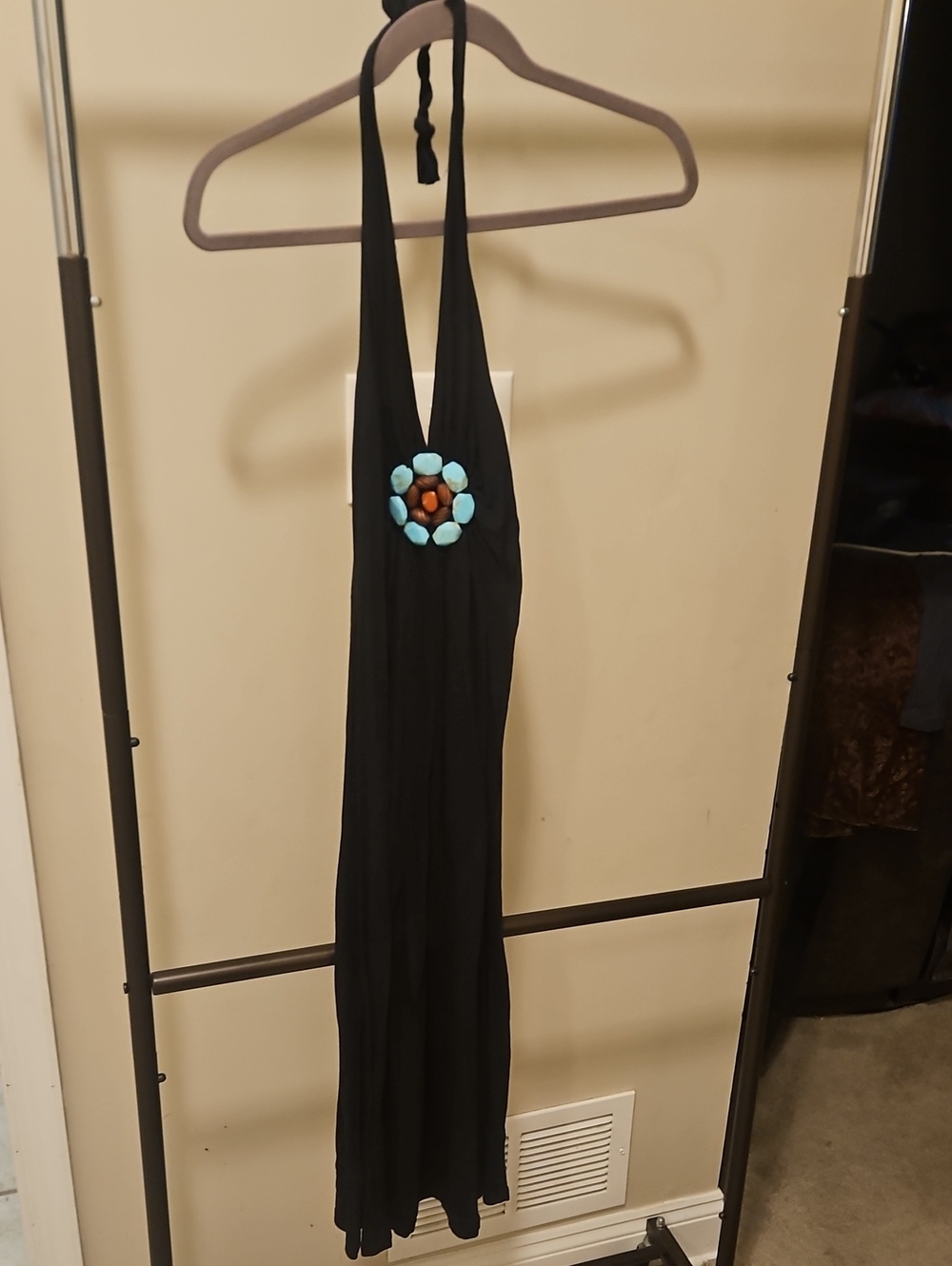 Prairie New York Black Backless Halter Maxi with Turquoise & Brown Accent